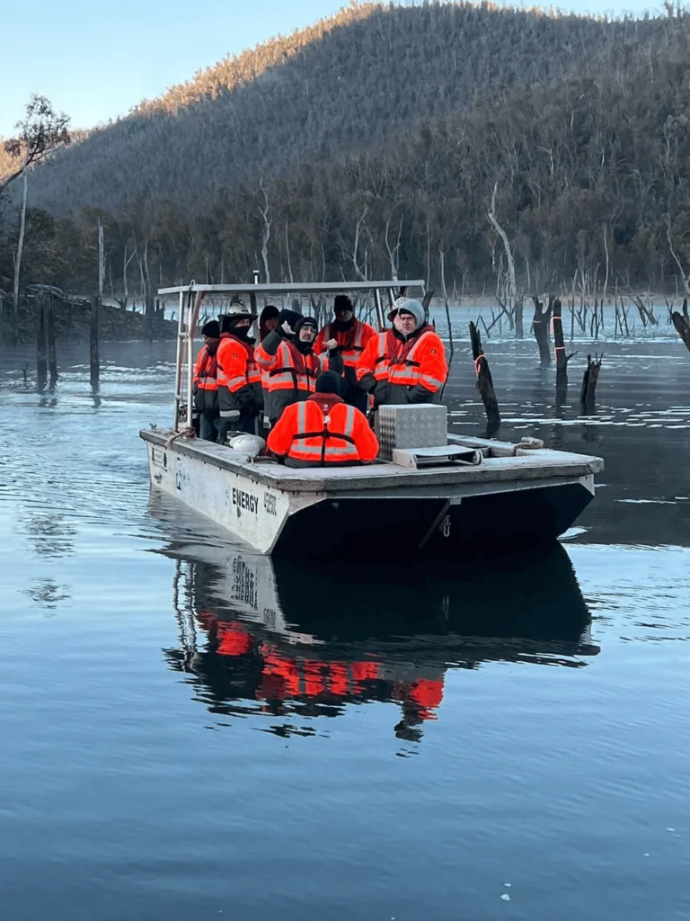 Boab Commercial Marine crew conducting on-water transport for the Snowy Hydro 2.0 project, using modular barges in a remote, environmentally sensitive area.